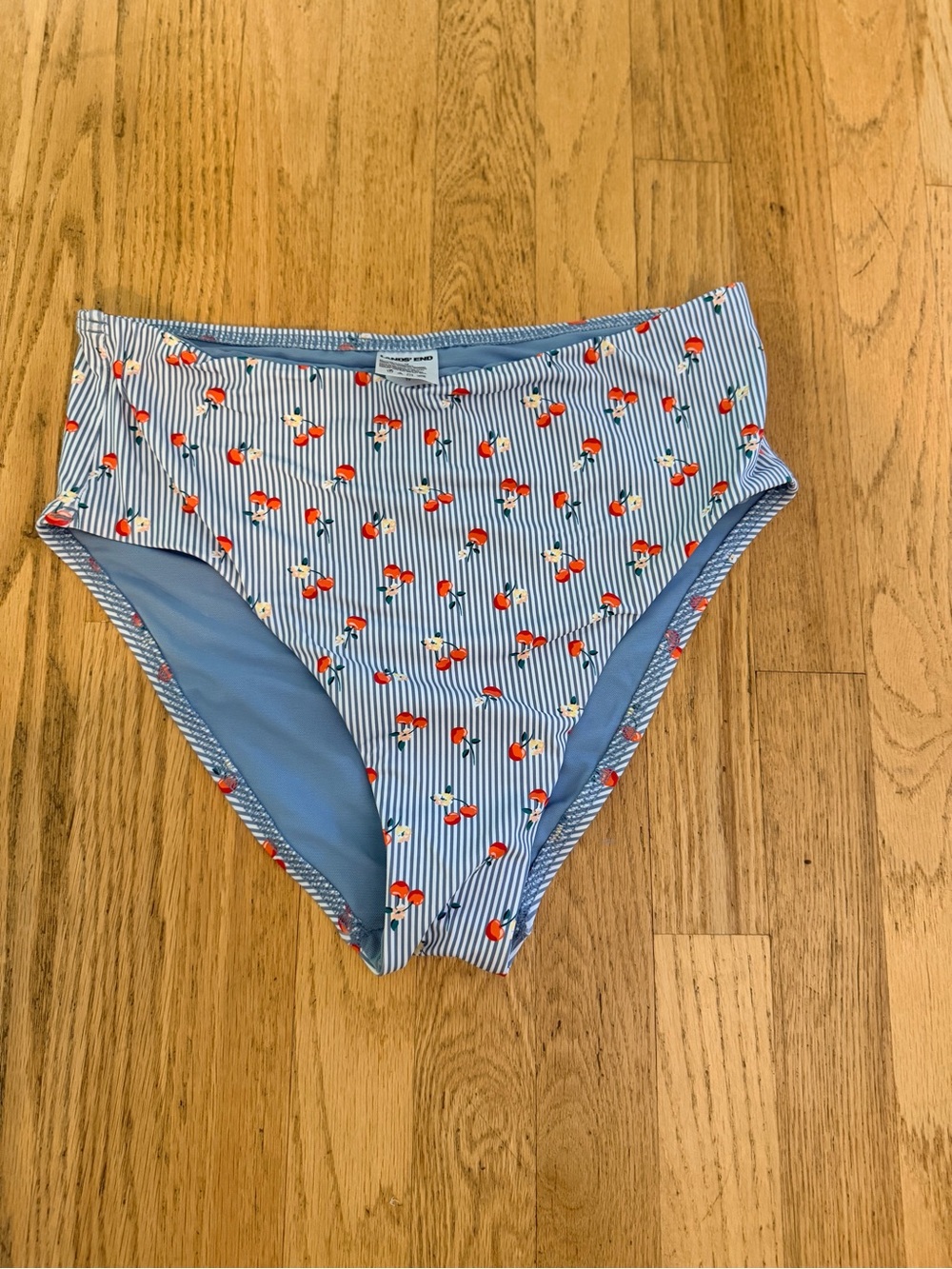 Ladies Size 10 Lands' End Blue & White Striped Cherry Print HW Bikini Bottoms GC